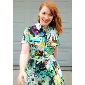 Katherine Barclay Montreal Mosaic Floral Shirt Dress Size 2 Pockets Wearable Art